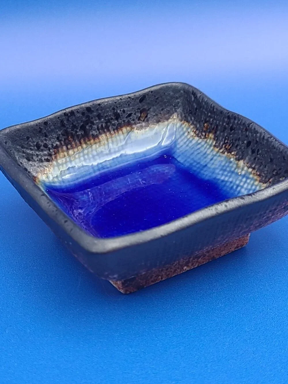 Kotobuki Japan Vintage Square Footed Crackled Trinket Dish BLUE 2.75" - Picture 5 of 9